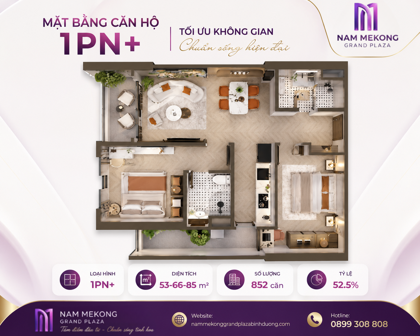 Mặt bằng căn hộ 1PN+ Nam Mekong Grand Plaza