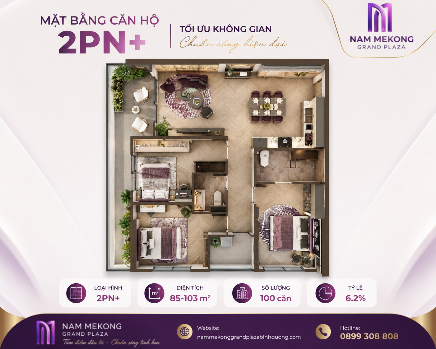 Mặt bằng căn hộ 2PN+ Nam Mekong Grand Plaza