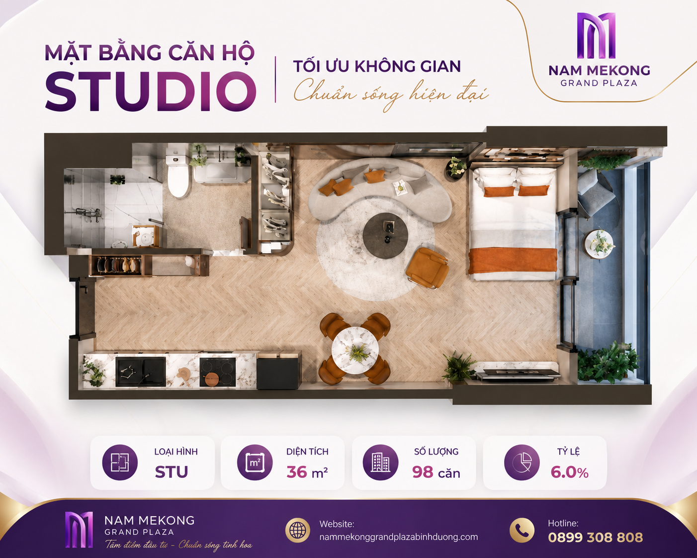 Mặt bằng căn hộ Studio Nam Mekong Grand Plaza